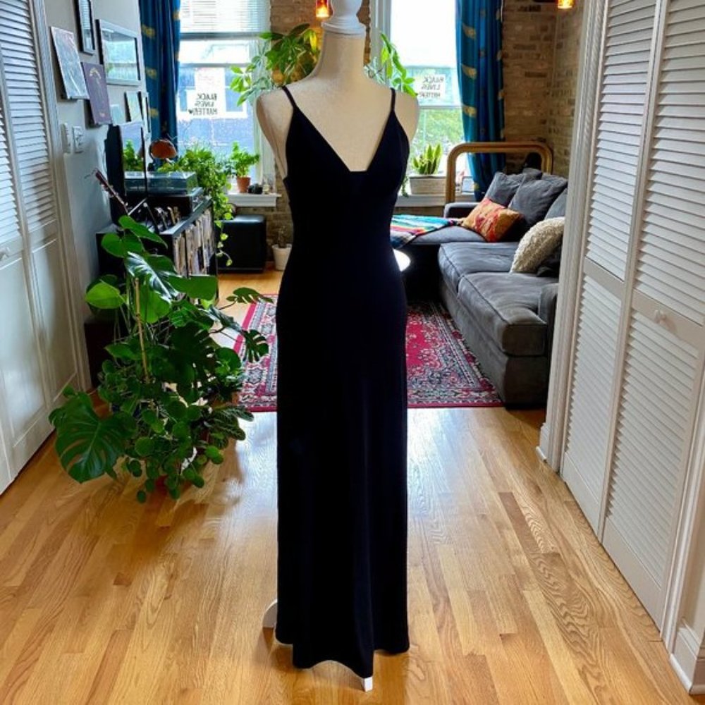 New Alice + Olivia Devlin plunge neck mesh insert v-neck maxi column gown dress - Picture 7 of 16